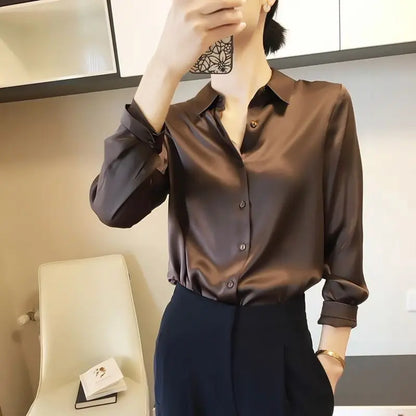 Spring Summer Casual Women's Satin Shirt Lapel Long Sleeve Blouse Loose Solid Color Office Lady Fashion Shirts Top.