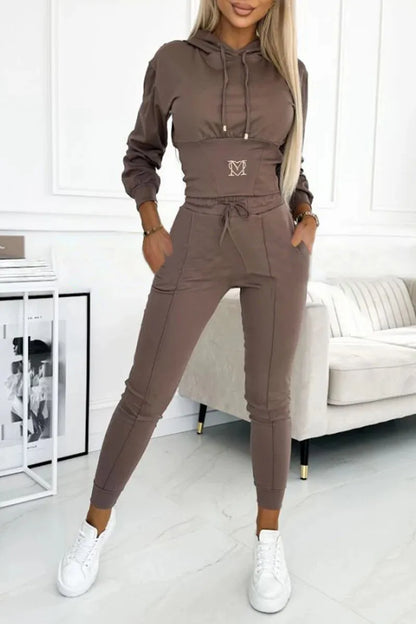 Casual Solid Color Hooded Slim Long-sleeved Top And Wide-sleeved Pants Suit Women 2025 Spring Top Lace-up Pants Suit For Women