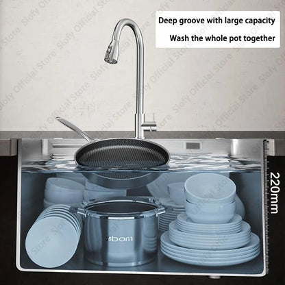 Küchenspüle aus Edelstahl 304, großes Fassungsvermögen, Wasch-/Schnitt-/Abfluss in einem, komplettes Set, multifunktionale Gemüse-Arbeitsstation für den Haushalt