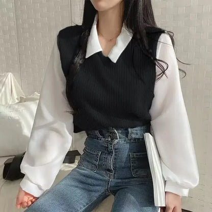 Summer Blouse Women Korean Style False Two-piece Polo Collar Blouses Y2k Tops Streetwear Loose Youth Pullovers Elegant Shirt.