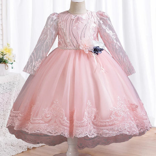 Blumen mädchen Hochzeits kleid lang ärmel ige Spitze Kleid elegante Mädchen Kunst Leistung Prinzessin Kleid Mädchen Karneval Kleidung