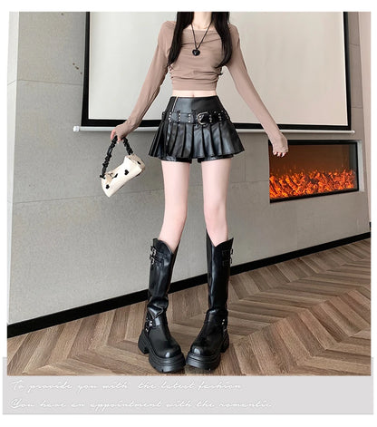 Women's Black Gothic A-line Pleated Leather Skirt Y2k Mini Shorts Skirts Harajuku Korean Emo Skirt 2000s Vintage Clothes Summer.