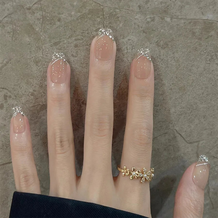 24Pcs Short False Nails with Shimmery Powder Ballet Nail Art Full Cover French Sheer Wearable Nail Manicure Tips for Girls Daily.