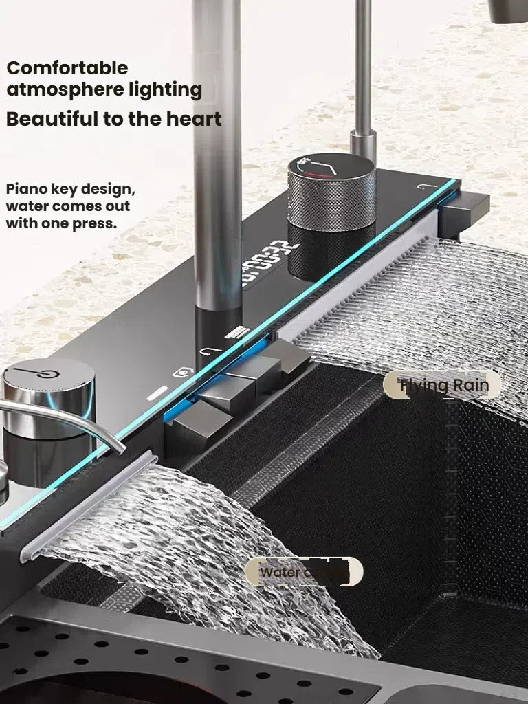 Large Single Slot Waterfall Stainless Steel Kitchen Sink With a Knife Holder and Trash Can Household Vegetable Washer Basin