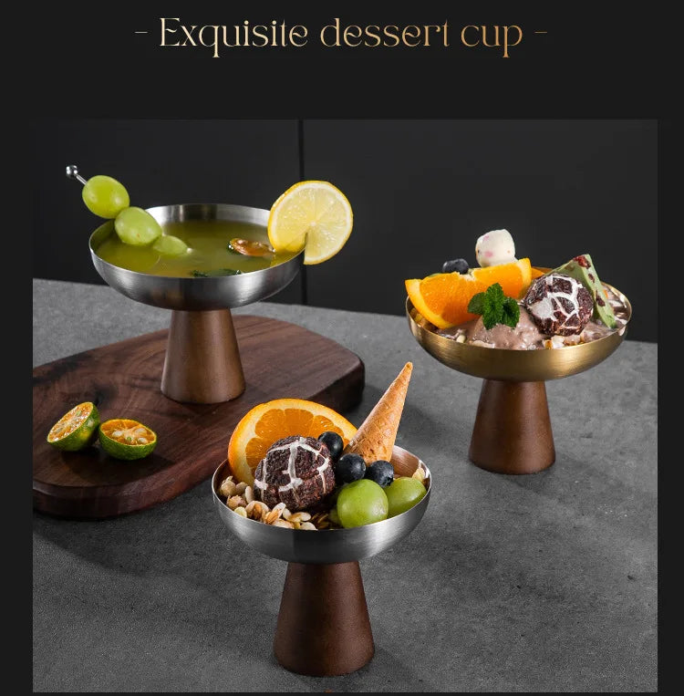 StainlessTea Tray Snack Tray Fruit Tray Salad Tray Steel Wooden Footed Cup High Foot Cup Ice Cream Cup Pudding Cup Dessert Plate.