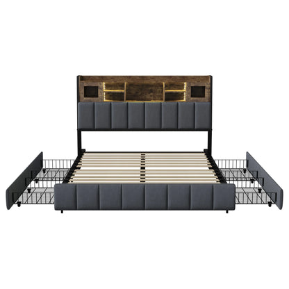 Rosahqnda Doppelbettgestell 140–160 x 200 cm mit LED, USB und Schubladen, gepolstertes Jugendbett, Wohnungsbett, Gästezimmer, Leinen, Grau