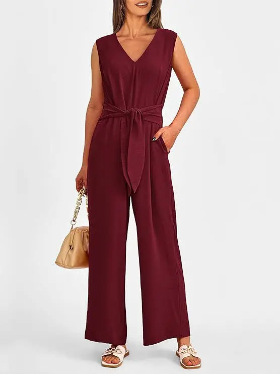 Summer High Waist Lace-up Jumpsuits Women 2025 New Sleeveless V-neck Side Pocket Solid Casual Jumpsuit Office Ladies Rompers