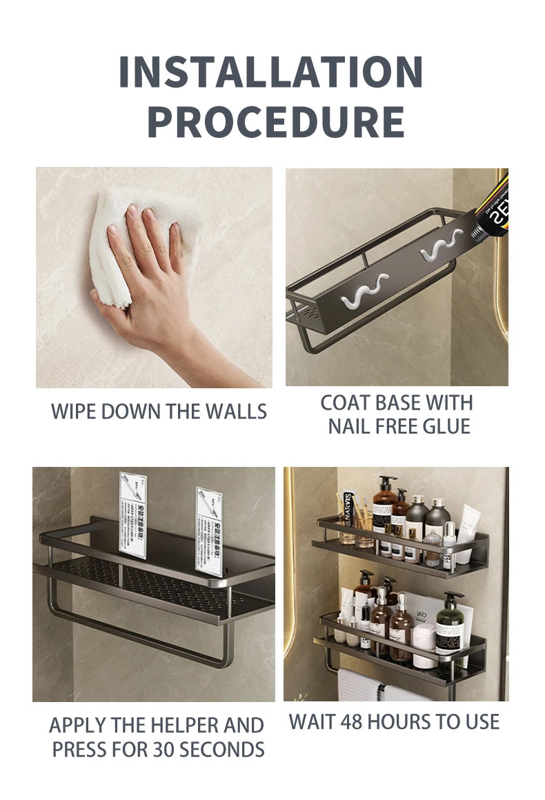 Bad Regal Make-Up Lagerung Organisatoren Aluminium Dusche Shampoo Handtuch Rack Regale Kein Bohrer Wand Regal Bad Zubehör