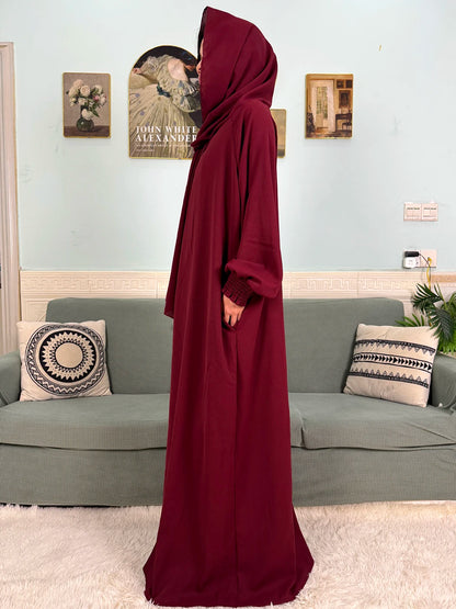 Muslim Abaya Ramadan 2025 For Women Pure Cotton Loose Prayer Femme Robe Elastic Cuffs African Dress With Connected Hijabs Scarf.