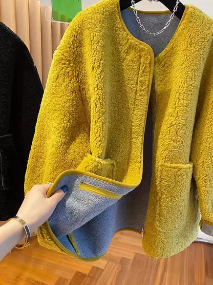 Hochwertige Lammwolljacke für Damen, lockerer warmer Samtmantel, 2025, neuer Frühling und Herbst, große Taschen, modische Oberbekleidung, M-3XL