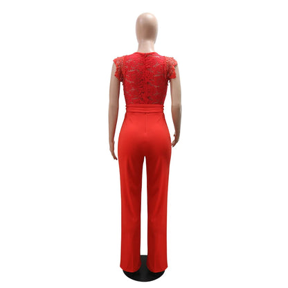 Women's Sexy Sleeveless Lace Patchwork Jumpsuits Solid Color Hollow Out Belted Wide Leg Rompers.
