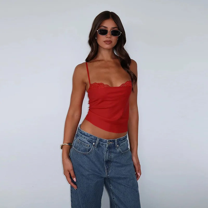 Top Sexy Hot Girl Sommer Slim Fit Einfarbig Spitze Patchwork Hosenträger | H&D Shop