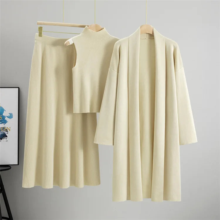 Women Knitted Sweater Muslim 3 Piece Set Long Cardigan Coat Skirt Vest Suit Knit Skirts Outfits Morocco Tracksuit Autumn Winter.