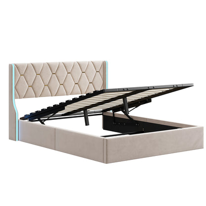 Comanlai 140 x 200 cm/160 x 200 cm hydraulisches Bett mit Stauraum, gepolstertes Bett mit Kopfteil, Kopfteil mit LED-Leuchten, Doppelbett, Flanell