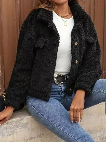 VigoCasey 2025, Herbst Winter Frauen Schwarze Jacke Einreiher Langarm Dicken Plüsch Warme Mantel Solide Dame Beiläufige Kurze Mantel