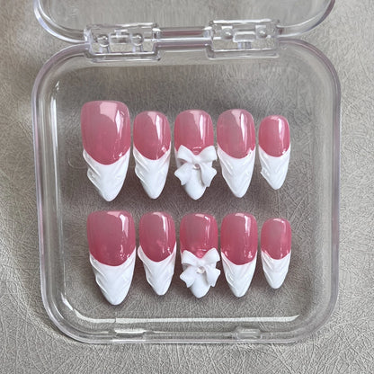 10pcs White French Handmade False Nails 3D Bowknots Designs Press On Nails Rose Pink Detachable Almond Fake Nail Patches.
