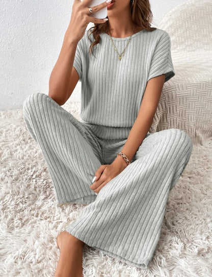 Two Piece Pant Sets Women Straight Pants Tops Pullover Short Sleeve Round Neck Spliced Top Solid Casual Streetwear Summer.