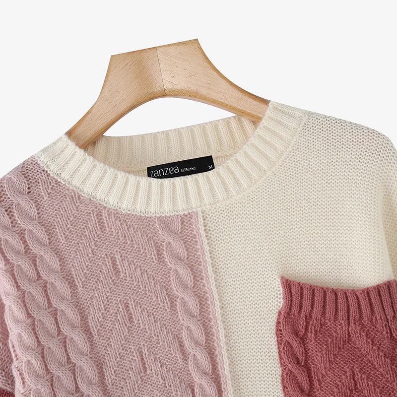 ZANZEA 2025 Autumn Patchwork Sweaters Women Pullovers Kintted Jumper Stylish Long Sleeve Winter Sweater O Neck Jumper Streetwear.