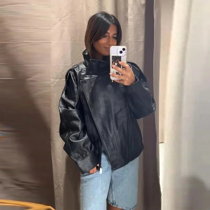 Street PU Leather Loose Jacket Women Fashion Solid Full Sleeve Stand Collar Single Breasted Coats Female 2025 Autumn Lady Coat