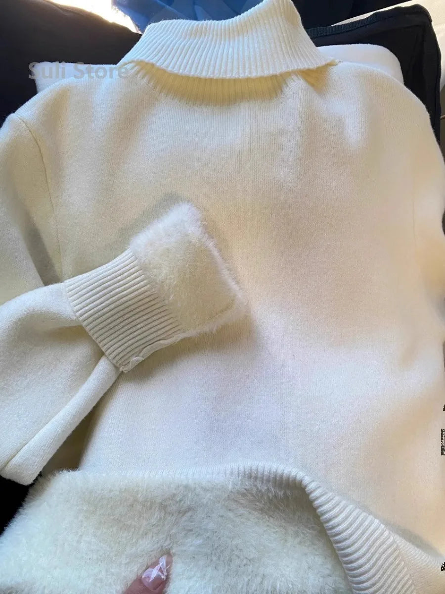 2025 Einteiliger Rollkragenpullover aus Nerz-Samt, verdickt, warme Innenpullover für Damen mit gestricktem Hemdpullover.