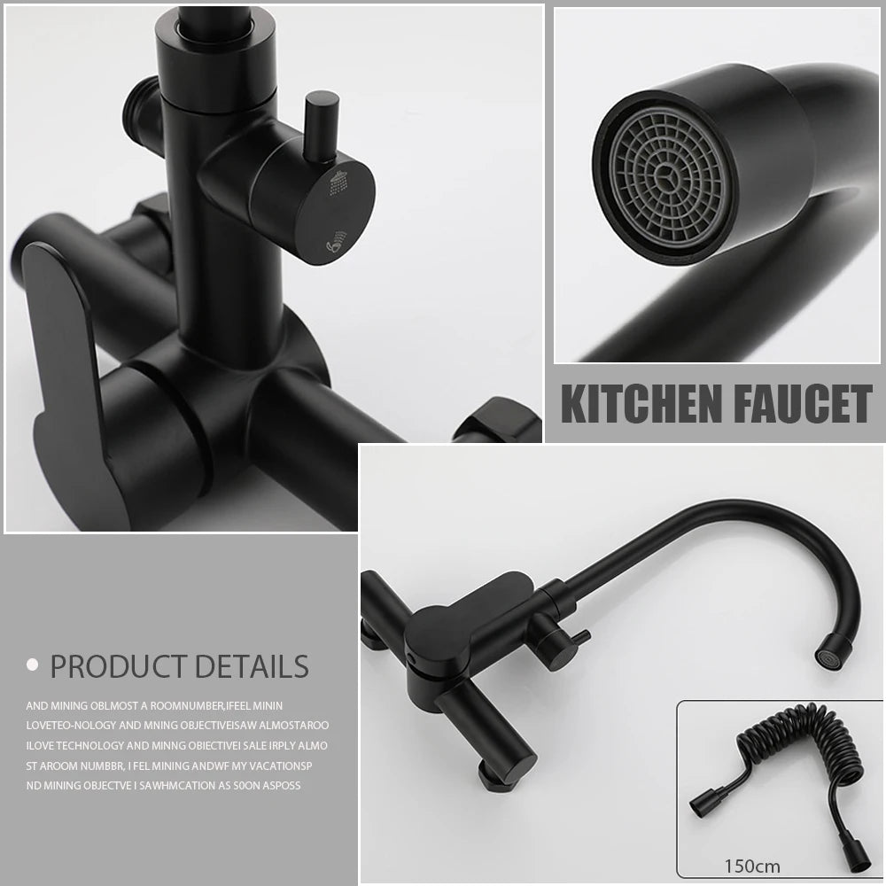 Kitchen Faucet With Spray Gun Wall Mounted Hot Cold Water Mixer Tap Rotatable Faucets Dual Water Mode No Dead corner Cleaning
