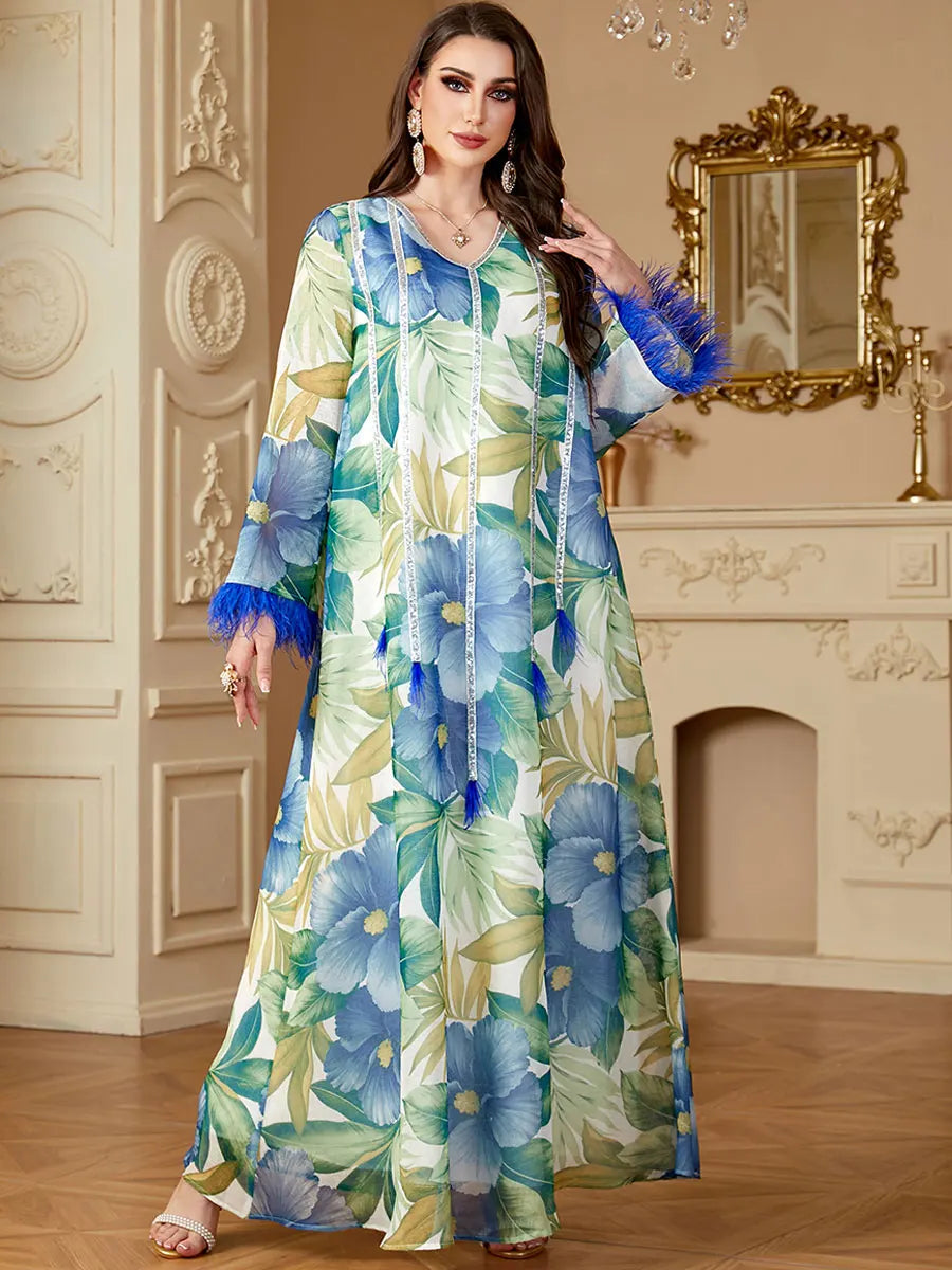 Siskakia Muslim Floral Print Dresses Women's Jalabiya Ramadan Elegant Casual Abayas Dubai Moroccan stylish Long Sleeves Kebaya.