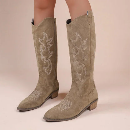 Embroidered Western Cowboy Boots for Women Autumn Pointed Toe Thick Heel High Knee Boots Woman Loose PU Leather Long Botas Mujer.
