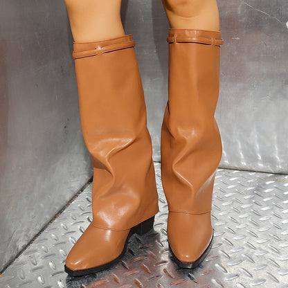 Fashion Wide Leg Knee High Boots Women Autumn Winter Slip On High Heels Pants Boots Woman Pu Leather Long Botas Plus Size 36-43.