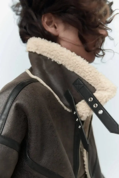 Frau dicke warme doppelseitige Faux Shear ling Jacke Herbst Winter neue Revers Langarm Gürtel Saum Reiß verschluss weibliche Oberbekleidung