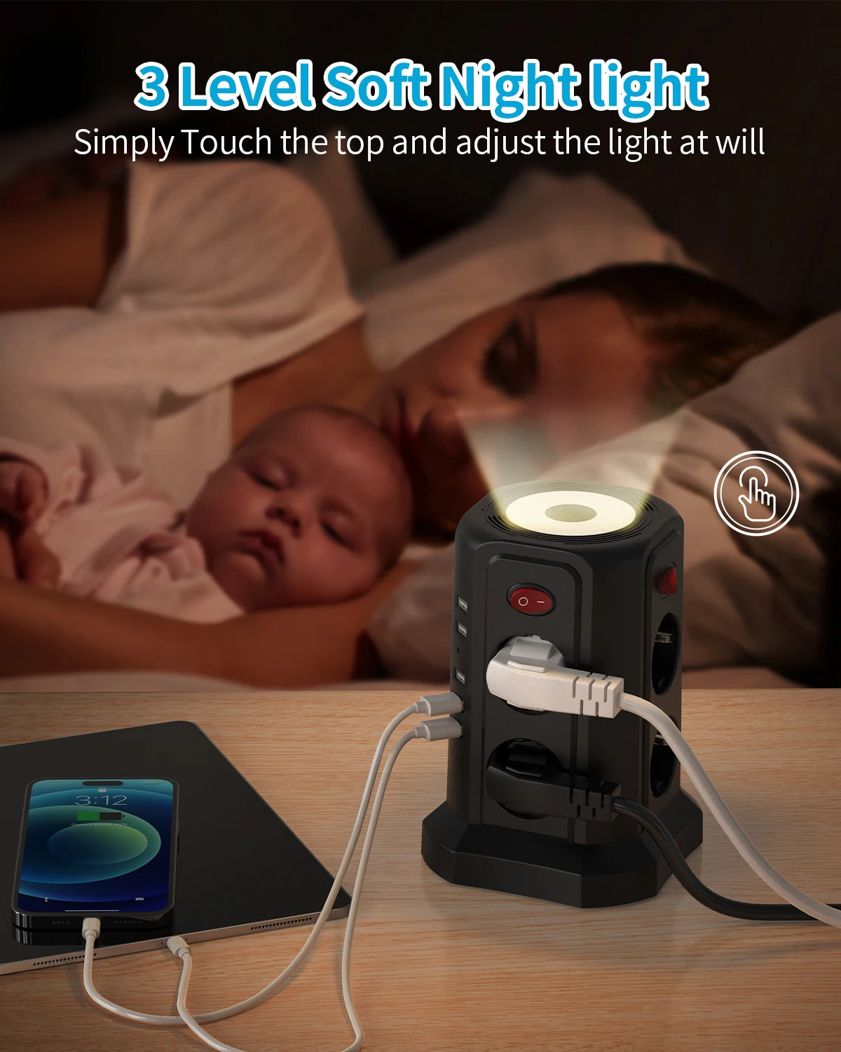 EU-Multifunktionssteckdosenturm mit 8 Positionen und 5 USB-Anschlüssen, unabhängiges Steuerschalterdesign für Steckplatinen im Home Office.