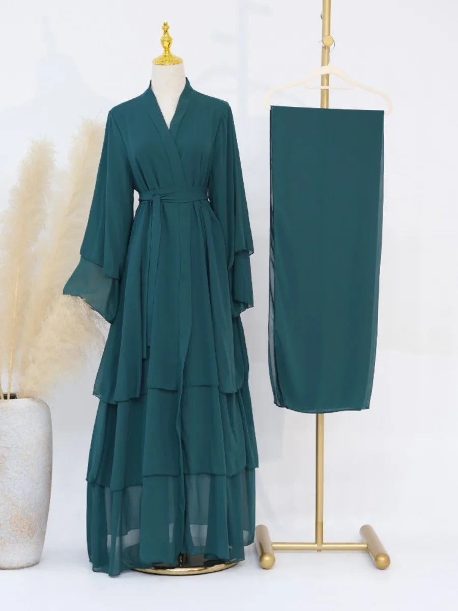 Eid Muslim Abaya for Women Chiffon 3 Layers Cake Party Cardigan Robe Jalabiya Dresses Ramadan Morocco Abayas Kaftan Vestidos