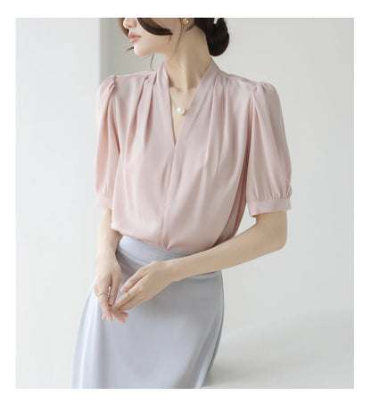 2025 Fashion Summer Short Sleeve V-Neck Women Blouse White Blouse Shirt Women Tops Blouses Shirts Blusas De Mujer Camisas P856