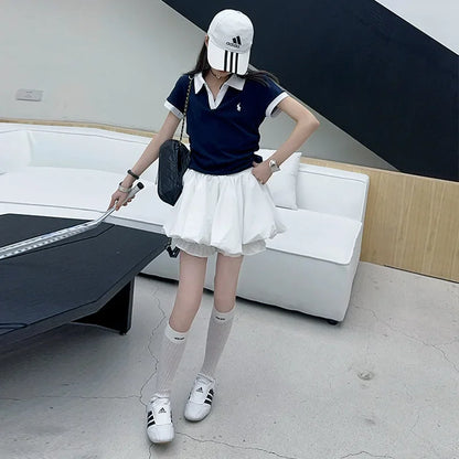 Girls Summer New Fashion Korean Style School Sports Short Sleeve T-Shirt And Bloomers Two-Piece Set White Floral Print Outfit.