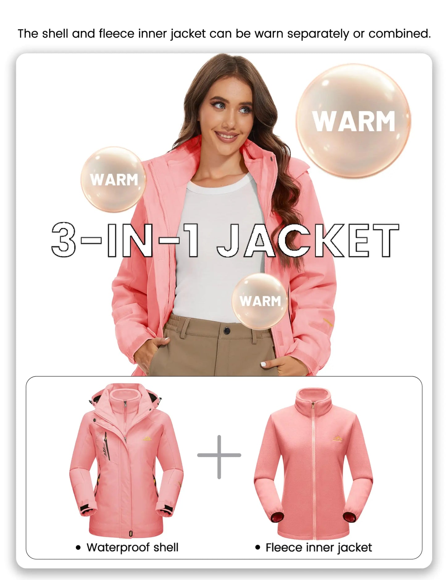 TACVASEN 3 in 1 Winter Fleece Jacket Womens Waterproof Ski Snowboard Jackets Work Rain Coat Outdoor Windbreaker Female Parka.