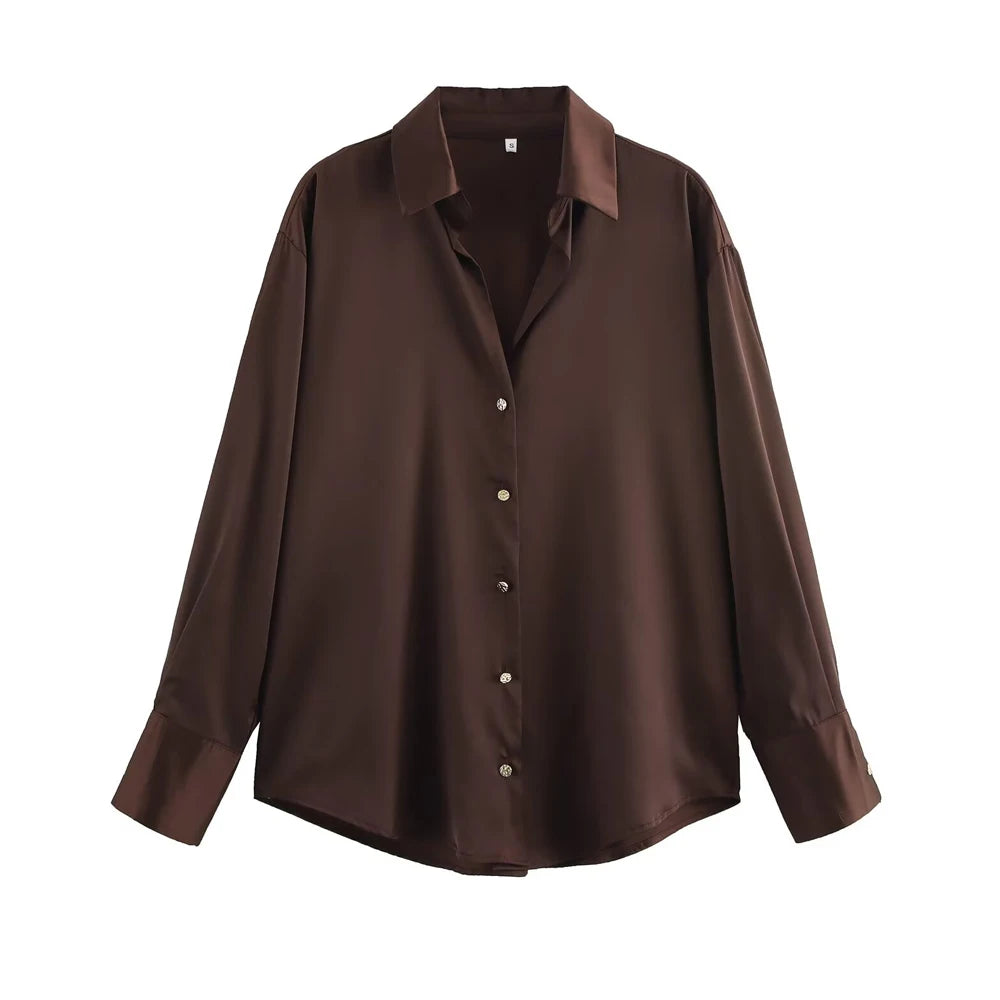 Women's Chic Lapel Collar Blouse Long Sleeve Button-Up Fashion Flowing Top Elegant Female Shirt Office.