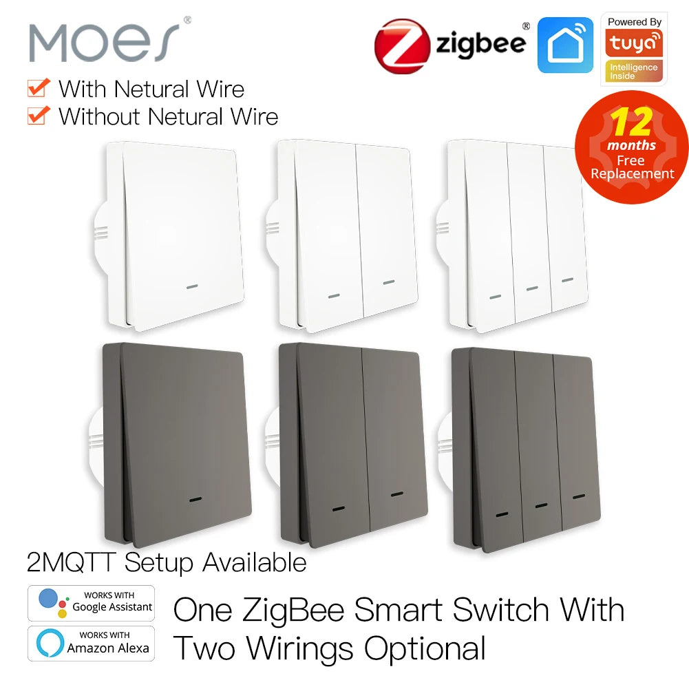 MOES Smart Lichtschalter Tuya ZigBee Kein Neutralleiter Kein Kondensator erforderlich Smart Life 2/3-Wege Funktioniert mit Alexa Google Home 2mqtt.