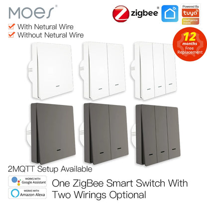 MOES Smart Lichtschalter Tuya ZigBee Kein Neutralleiter Kein Kondensator erforderlich Smart Life 2/3-Wege Funktioniert mit Alexa Google Home 2mqtt.