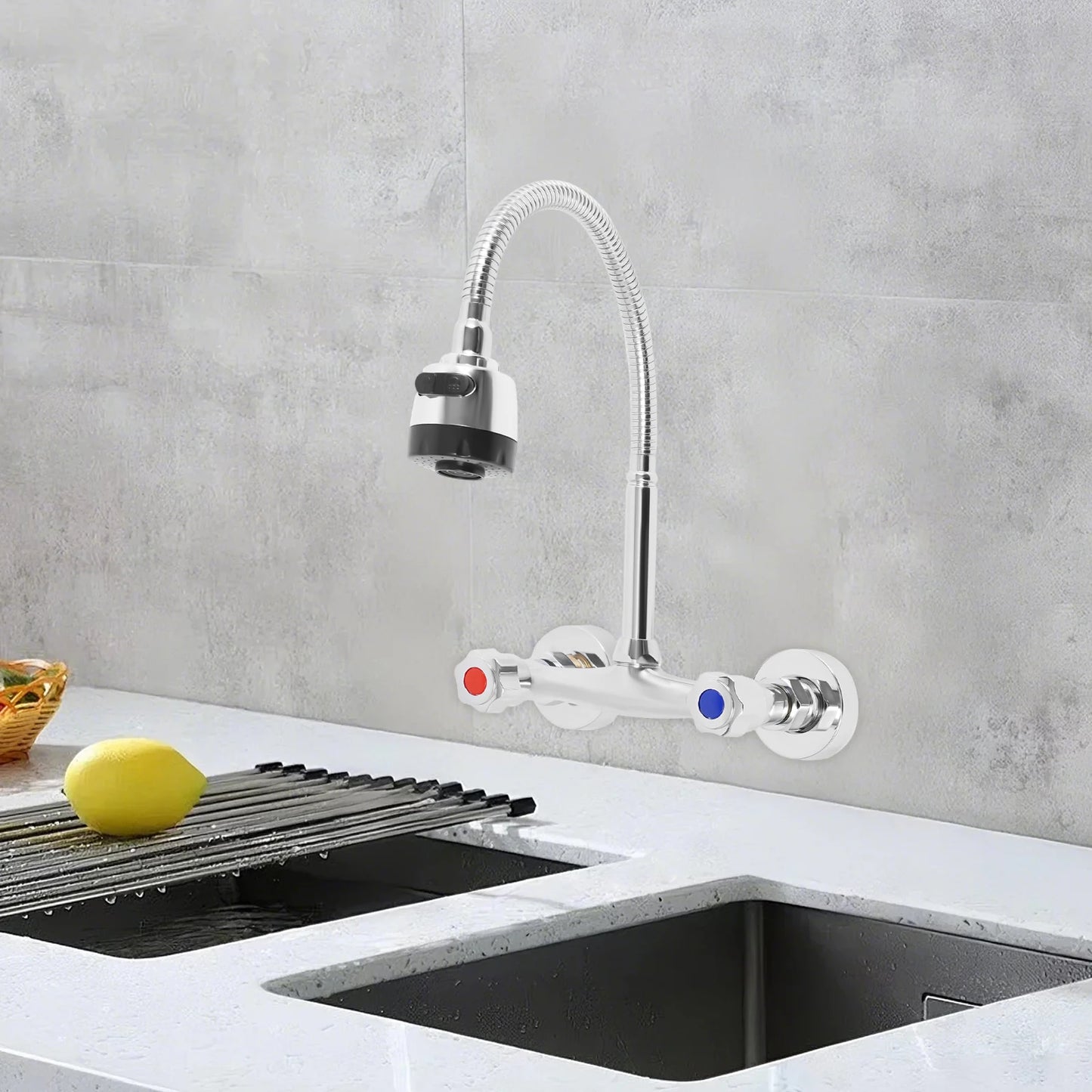 Wall-Mounted Brass Faucet, Hot&Cold Water with 360° Rotating Hose Flexible Cleaning Made to Last for Bathroom Kitchen