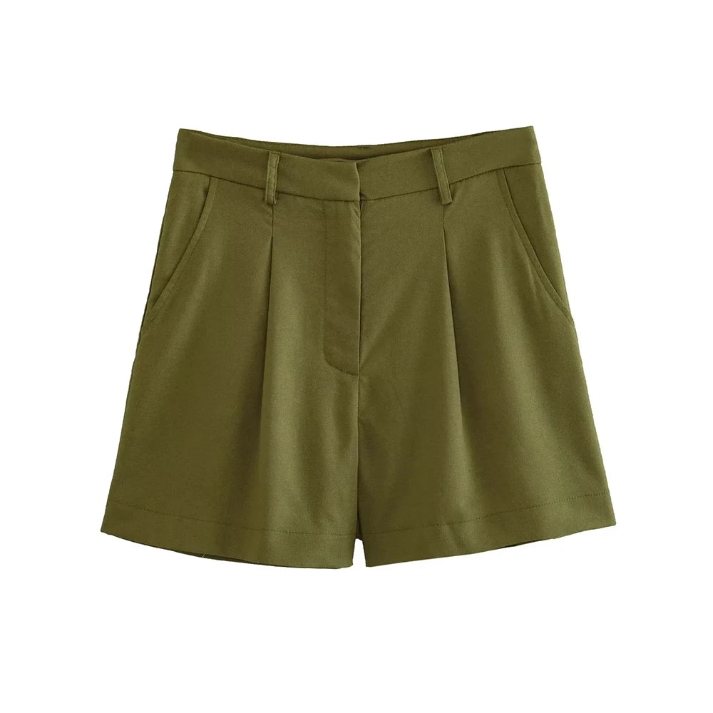 Women Fashion With Pockets Front Pleats Linen Blend Shorts Vintage High Waist Zipper Fly Female Short Pants Mujer