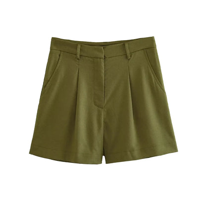 Women Fashion With Pockets Front Pleats Linen Blend Shorts Vintage High Waist Zipper Fly Female Short Pants Mujer