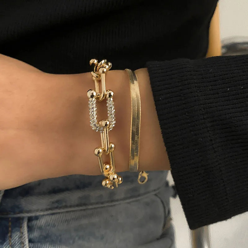 New Extendable Gold Color Metal Bracelet for Women Girls Snake Chain Hoop Link Ins Style Bracelet Jewelry Set.