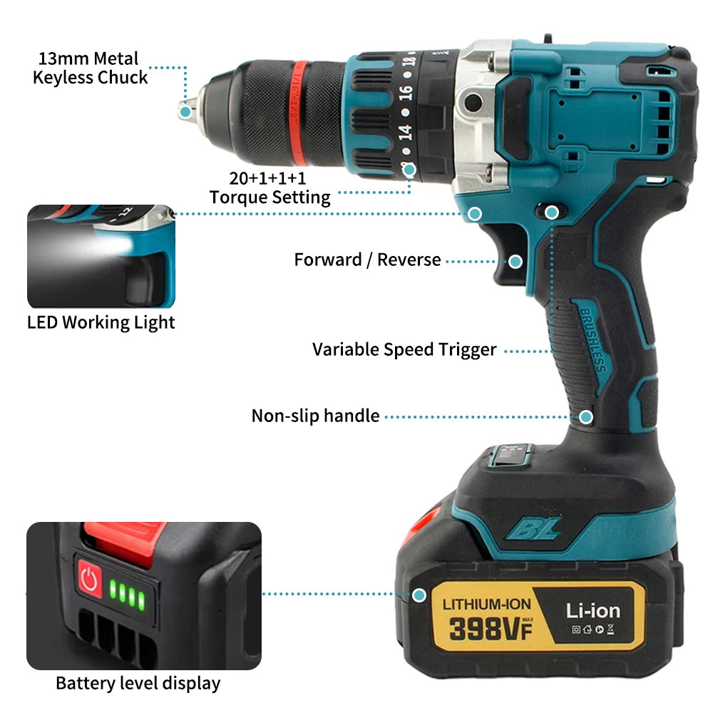480 N.M Bürstenloser elektrischer Schlagbohrschrauber, 13 mm Akku-Bohrschrauber, Elektroschrauber, DIY-Treiber, Elektrowerkzeug für Makita 18 V Akku-Stift