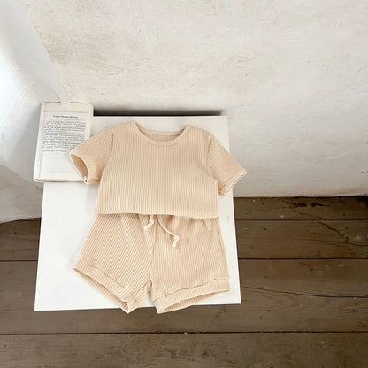 Korean Version Summer Kids Baby Girls Boys Short Sleeve Striped Top Tees +shorts Pants Infant Cute Pure Cotton Clothing Set