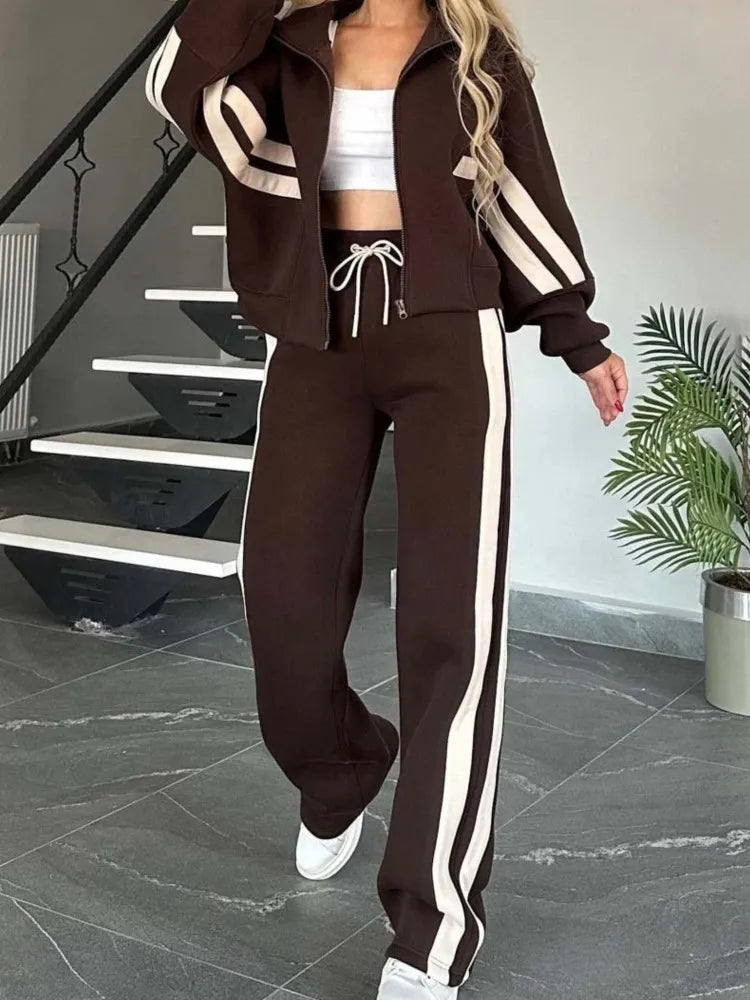 Fashion Striped Hoodie Set For Women Casual Long Sleeve Zip Tops+High Waist Wide Leg Pants 2 Piece Sets Lady Y2k Sports Clothes.