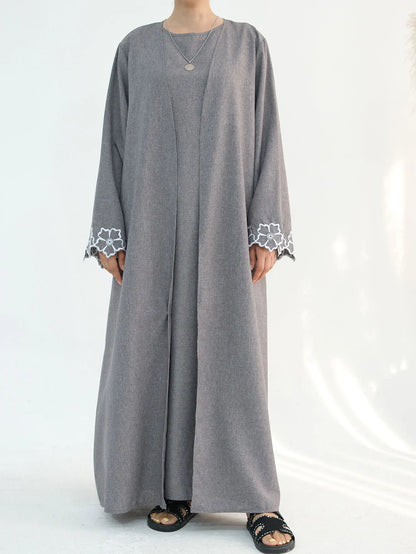 Chic Coffee Color Outer Piece Abaya Geometric Cuff Embroidery Ideal Modern Muslim Women Suitable for Daily/Semi formal Occasion.