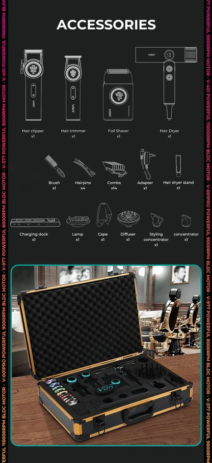 VGR Hair Trimmer Brushless Motor Clipper Professional Hair Dryer Beard Trimmer 4 IN 1 Multifunctional Barber Combo V-001 V-401.