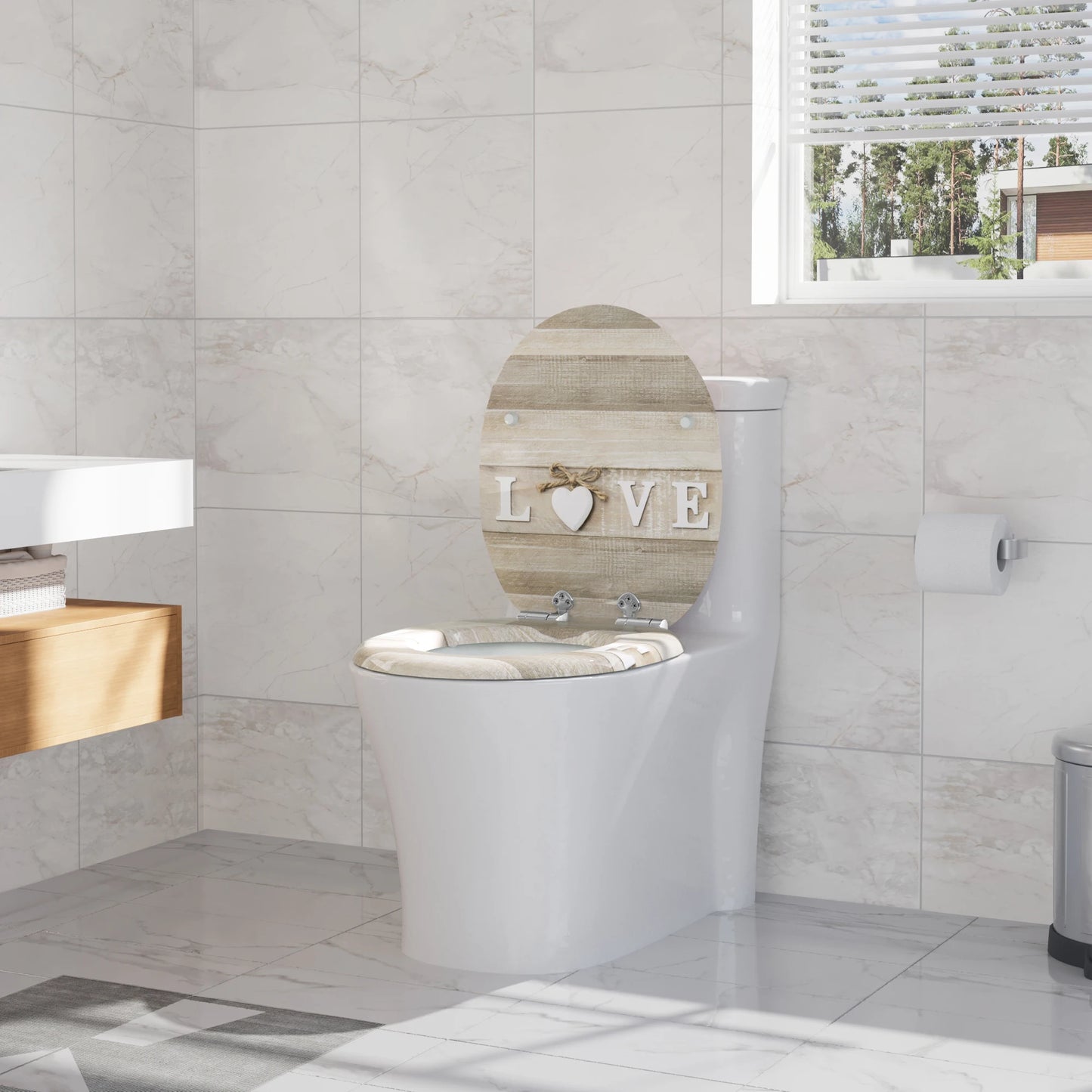 O-förmiger Toilettensitz, verstellbare Scharniere, Toilettendeckel mit Motiv, Soft-Close-Mechanismus für Badezimmer