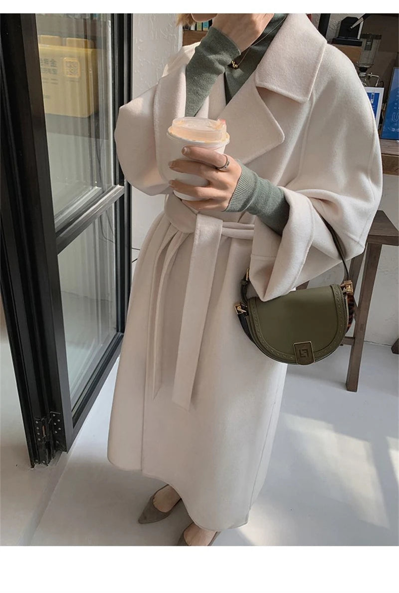 Mode Schwarz Lange Woolen Mantel Mit Gürtel Frauen Lose Revers Mantel Herbst Winter Warme Dame Oberbekleidung High Street