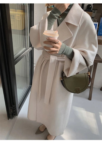 Mode Schwarz Lange Woolen Mantel Mit Gürtel Frauen Lose Revers Mantel Herbst Winter Warme Dame Oberbekleidung High Street