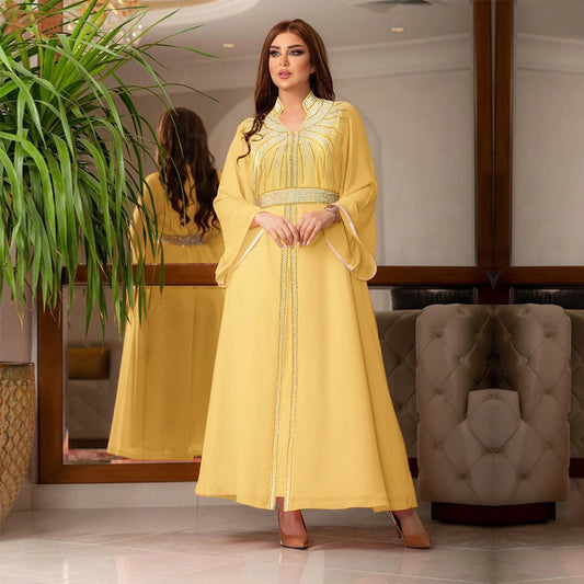 Uni Arabische Robe Mode Nahen Osten Muslimischen Kaftan Dubai Hot Fix Diamant Party Abendkleider für Frauen Kerb Stehkragen